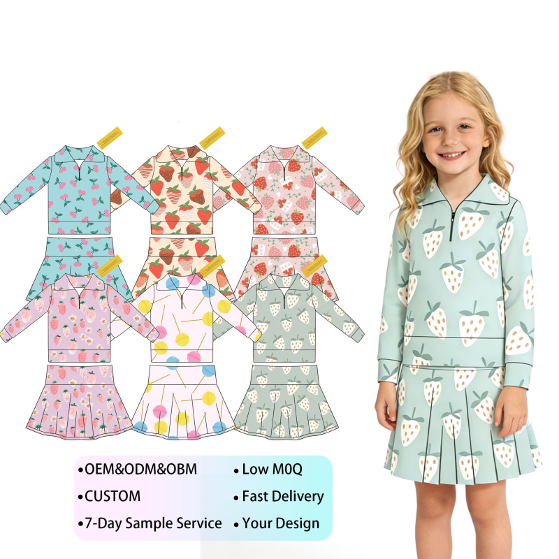 Girls Athletic Wear Sports Outfits Kids Long Sleeve Stand up Collar Top with Wear-resistant Elbow Pad and Elasticskirt