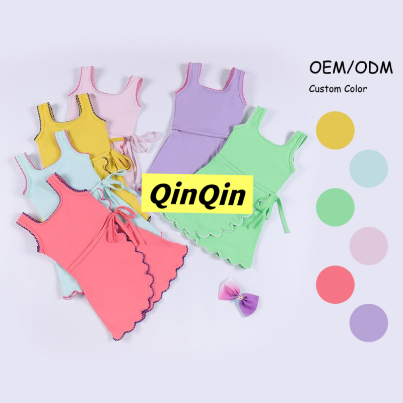 QinQin Girls Sweet Hot New Yoga Dress Sleeveless Embroidery Hem High Elasticity Built-in Shorts Custom Pattern