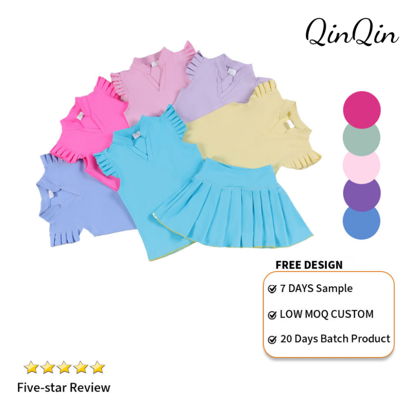 QinQin Custom Yoga Set for Girls Sleeveless Top with Wing Shoulders and Pleated Skirt with Embroidery Trim