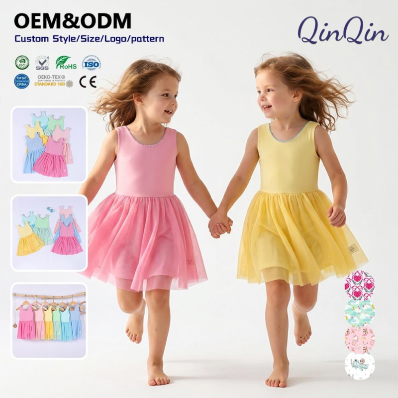 Girls Embroidered Dress Girls Summer Dress Breathable Yoga Fabric Sleeveless Skater Dress for Party Custom Size Fast Shipping