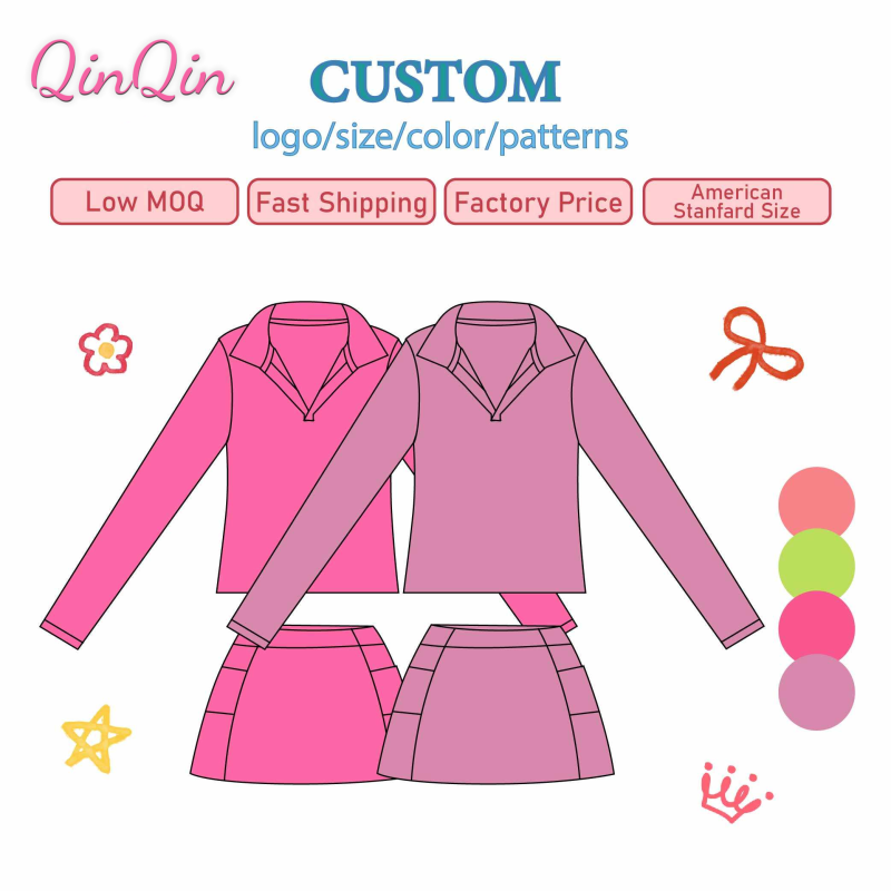 QinQin Girls Quarter Zip Yoga Outfit Long Sleeve Top with Ruffle Waistband Skort Set Kids Custom Printed Sportswear Clothes
