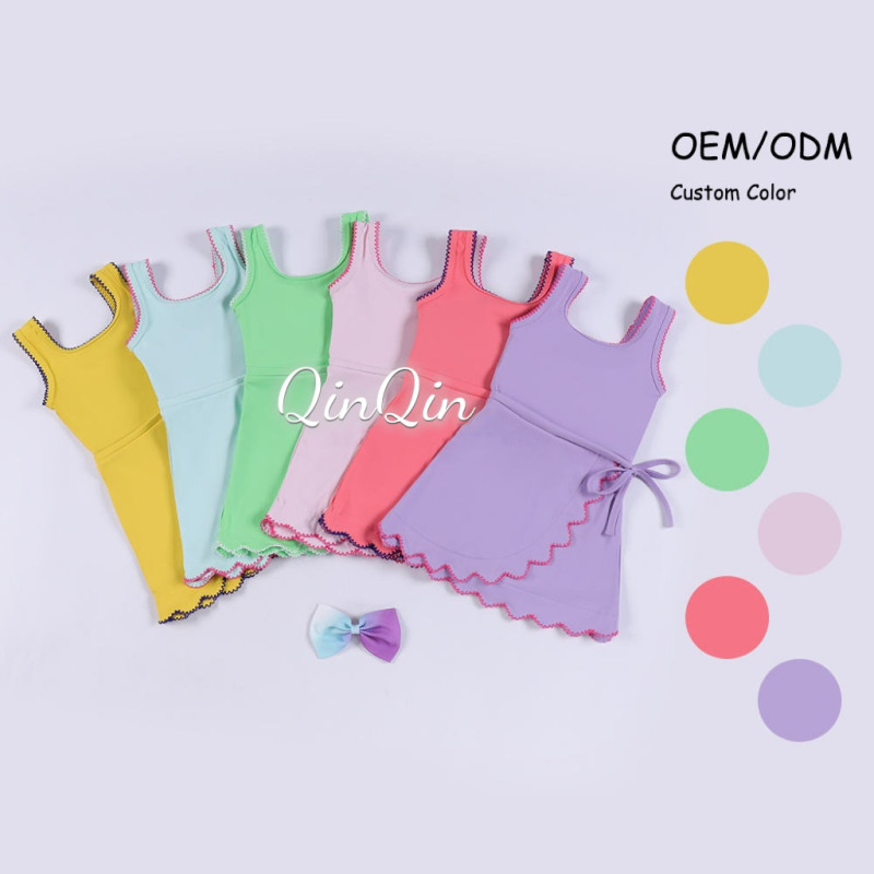 Girls High Elasticity Yoga Dress Sweet Sleeveless Embroidery Built-in Shorts Custom Logo
