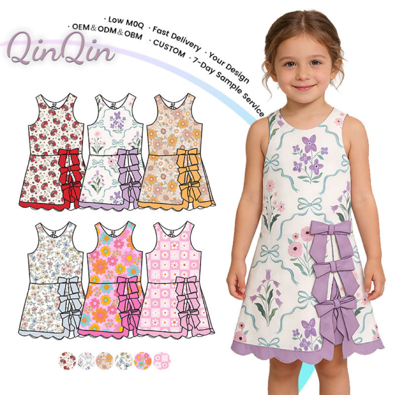 QinQin Girls Athletic Wear Girls Summer Yoga Dresses Wholesale Baby Girl Sleeveless Bowknot Decorate Layered Sports Dress