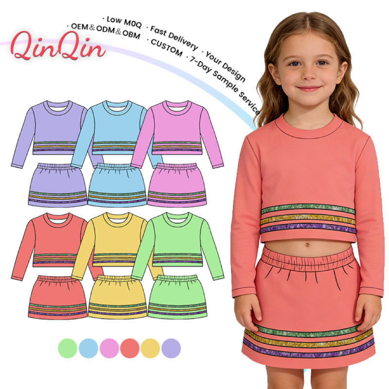 QinQin New Carnival Girls Yoga Set Long Sleeve Top Sequin  Skirt Striped Colorful Design Custom Logo Active Wear Kids Sports Set
