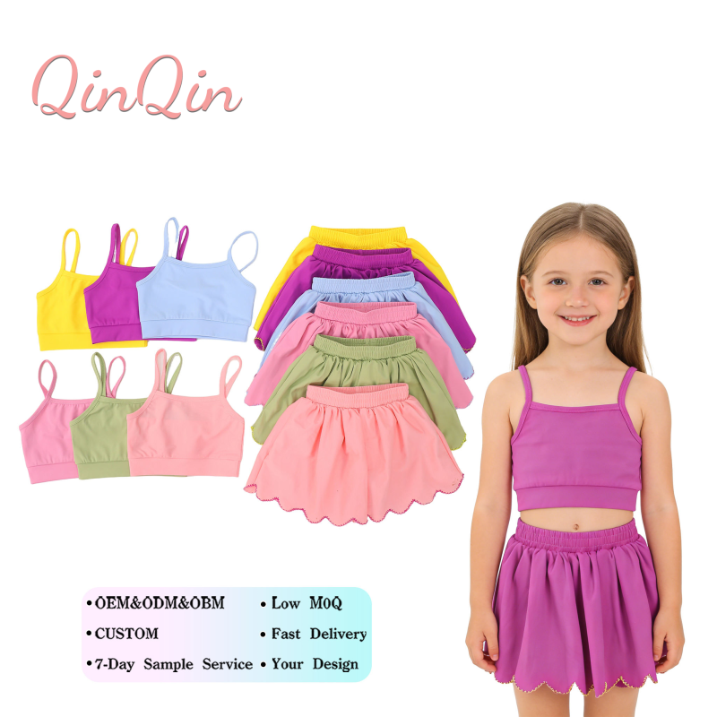 QinQin New Arrival Girls Yoga Sleeveless Crop Tank Skirt with Shorts Set High Elastic Color Matching  Scallop Skirt Fitted Set