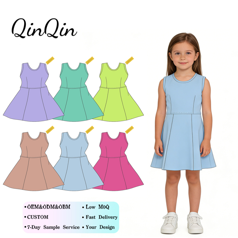 Custom Girls Athletic Wear Colorful Solid Color Kids Girls Sports Dress QinQin Fashion Yoga Dress Children's Tennis Wear Dress