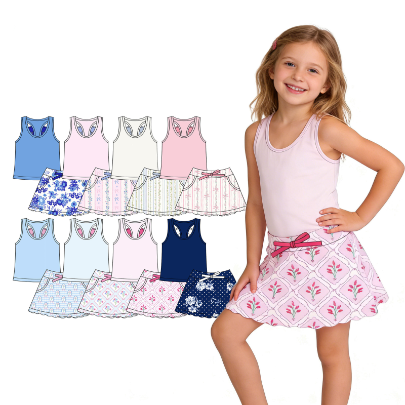 Custom Girls Athletic Wear Matching Tennis Set Toddler Girls QinQin Summer Collared Sleeveless Vest Printed Tennis Skirt Set