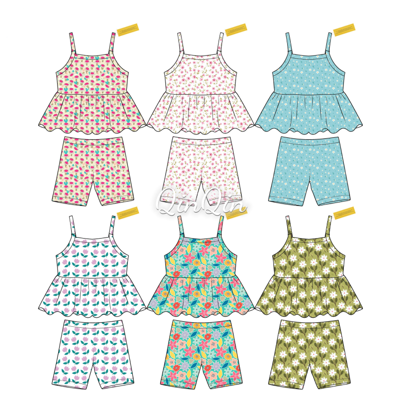 QinQin Custom Logo Summer Kids Outfit Sleeveless Floral Print Yoga Tops and Pants Casual Baby Girls Clothing Activewear Sets