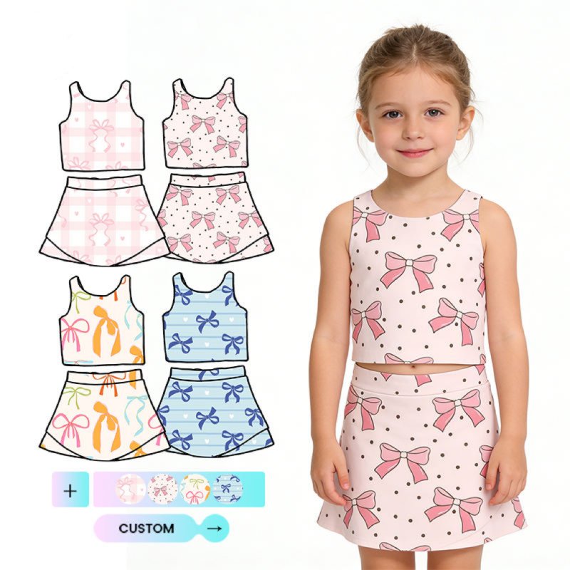 QinQin Girls Sports Yoga Sets RTS High Fashion Clothing Bows Pattern Pink Vest Skirts with Shorts Sets Girl Tennis Clothes