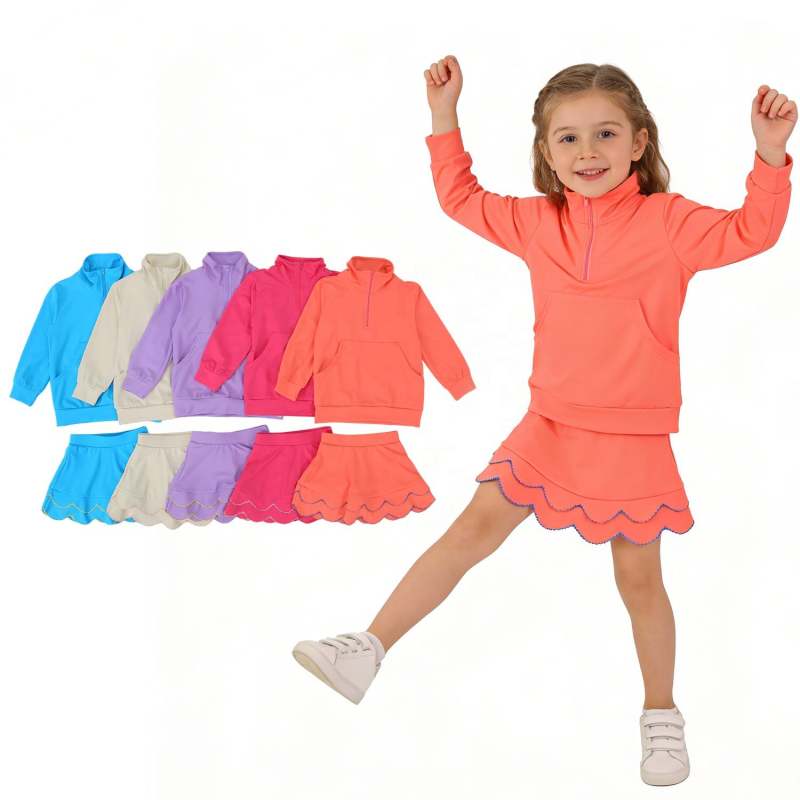 QinQin Girls Athletic Wear Half Zip Pocket Jacket Scallop Tennis Skirt Set Girls Contrast Color and Embroidery Trim Design Sets
