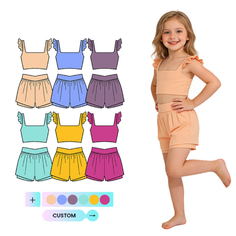 QinQin Active Wear Kids Girls Yoga Crop Set Sleeveless Ruffle Trim Elastic Tank Double Layer Shorts Custom Print Sports Suits