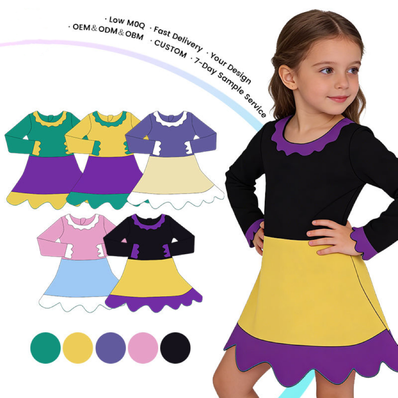 QinQin Customizable Girls Kids Dress Carnival Theme Layered Knee-Length Yoga Dress Long Sleeve Girl's Scallop Festival Dress