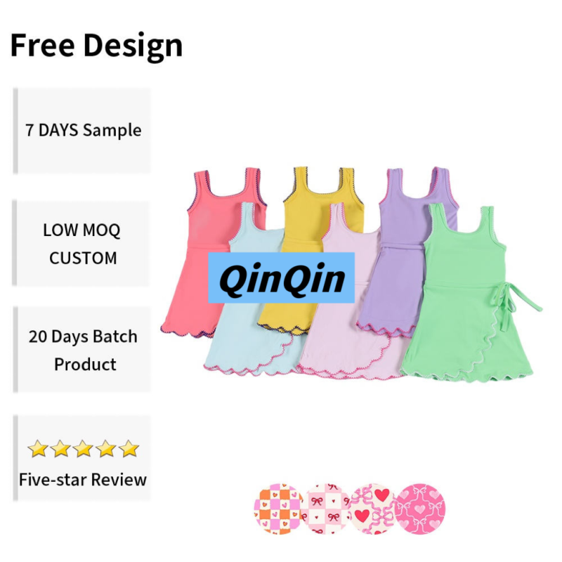 QinQin Girls Boutique Yoga Dress Hot New Sleeveless Tank Embroidery Hem Built-in Shorts Custom Print