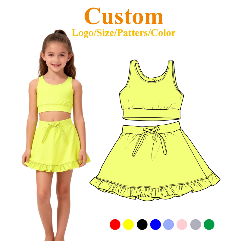 Yellow Girl Sports Outfit Kids Yoga Outfit New Style QinQin Factory Customization Sleeveless Crop Tank Skirt Set