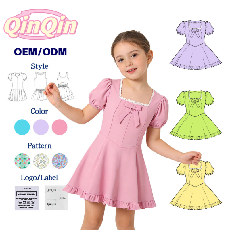 Girls Yoga Dress High Quality Square Neck Lace Bow Dress Built in Shorts Custom Supported Premium Active Wear