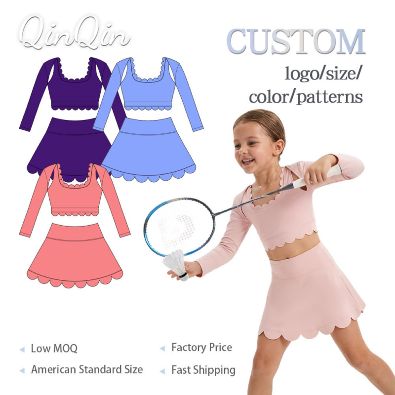 Girls Hot New Yoga Set Kids Yoga Set High Elasticity Long Sleeve Top Skirt Scallop Hem Custom Logo Built-In Shorts