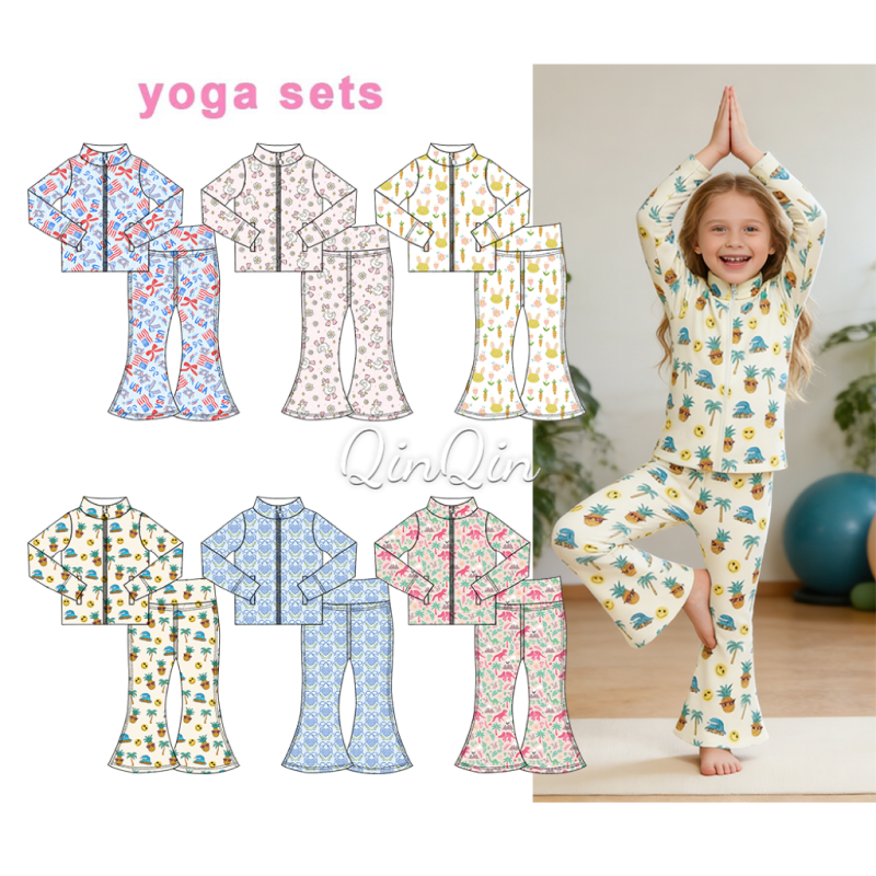 Custom Floral Prints Kids Fitness Clothing Flare Pants Full Zip Jacket Gym Activewear 2 Piece Workout Yoga Suit Set for Girls