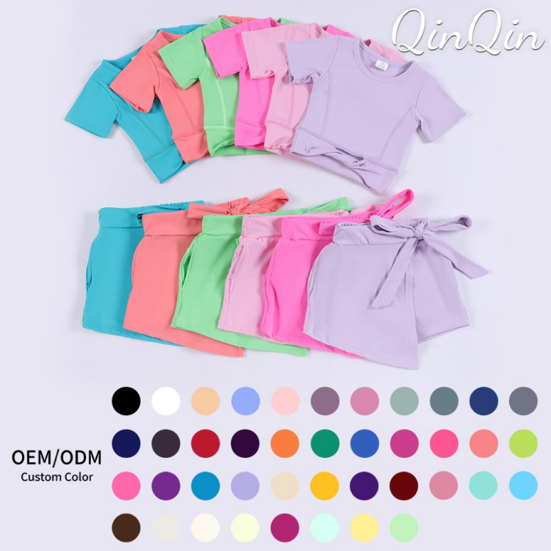 QinQin Custom Print Solid Blank Kids Shirts Yoga Running Dance Short Sleeve Nylon Girls Sport Set for Girl
