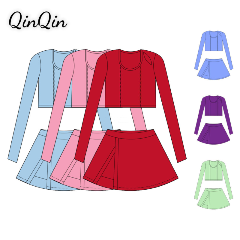 Girls Yoga Set Long Sleeve Crop Top & Skort Outfit 2 Piece Workout Clothes for Kids Fitness Sportswear Girls Clothing Sets