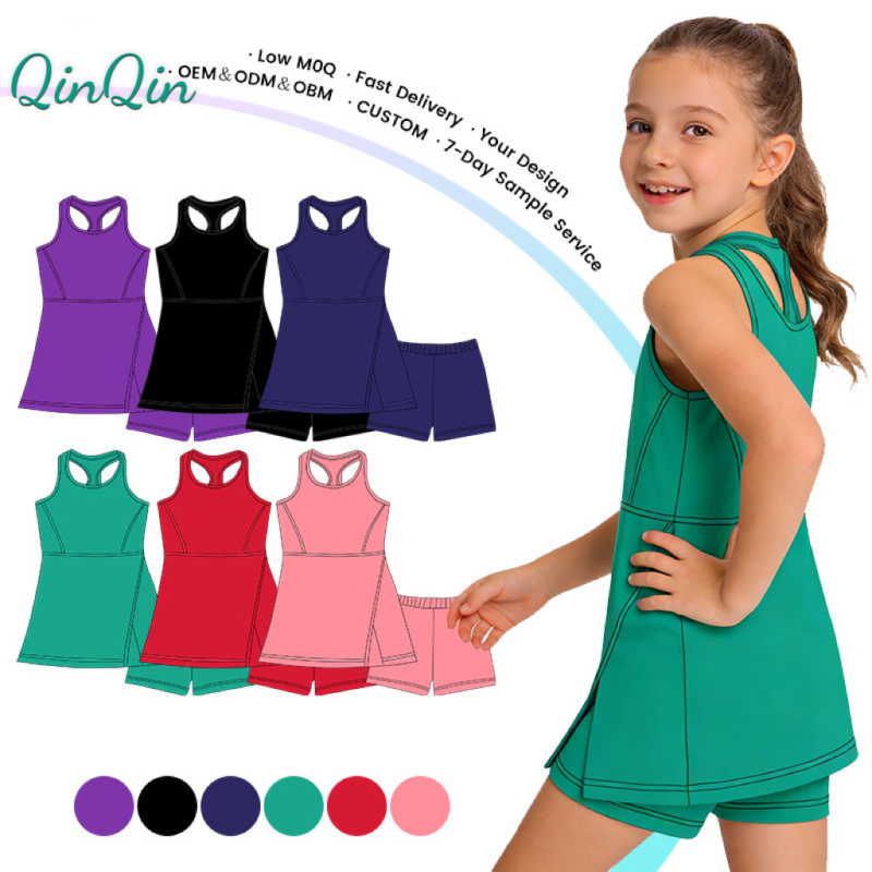 QinQin Girls Sports Custom Logo Girls Casual Solid Color Yoga Dress Quick Dry Running Gym Sports Workout Summer Tennis Dress