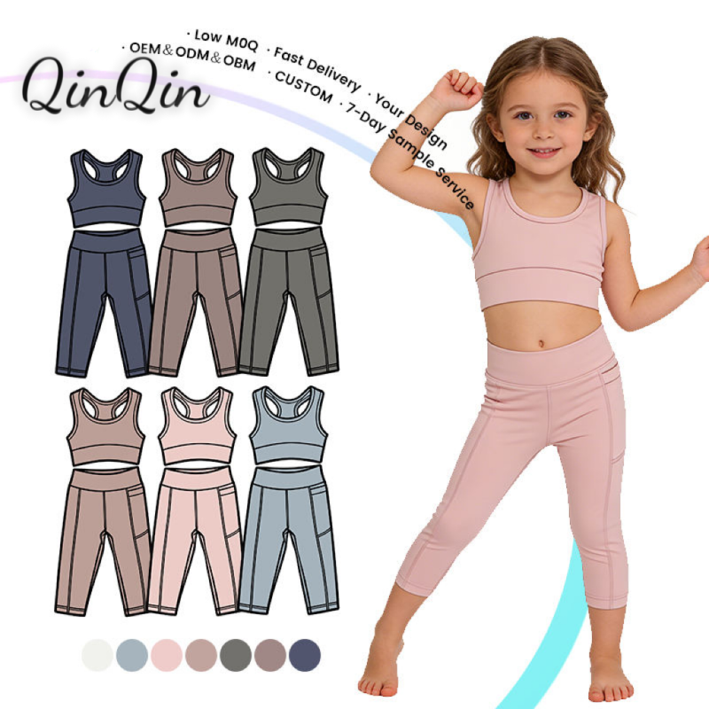QinQin Customized Girls Athletic Wear Logo Kids Girls Summer Kids Running Set Racer Back Style Children Fitness Yoga Wear Set