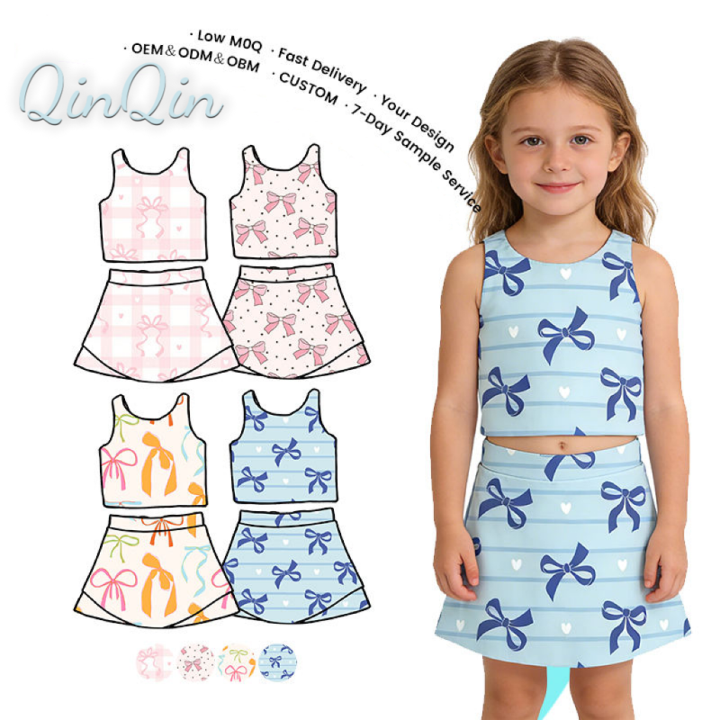 QinQin Girls Athletic Wear Breathable Casual Training Wear Printed Yoga Skirt & Top Gym & Running Outfit 2-Piece Sports Set