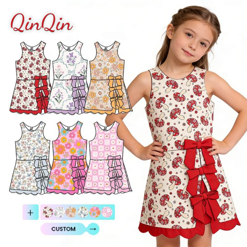 QinQin Girls Sweet Sporty Yoga Dress Sleeveless Side Multiple Bows Built-In Shorts Girls Summer Girls Sports Dresses