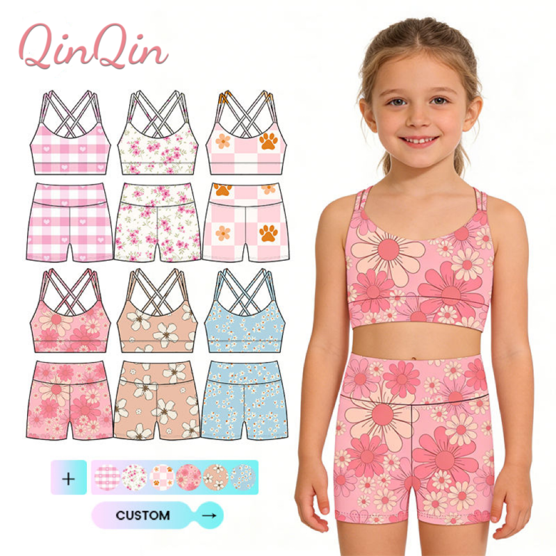 QinQin Girls Athletic Wear Fitness Wear Matching Shorts & Tops Breathable Gym Clothes for Yoga & Workouts Girls' Yoga Sets