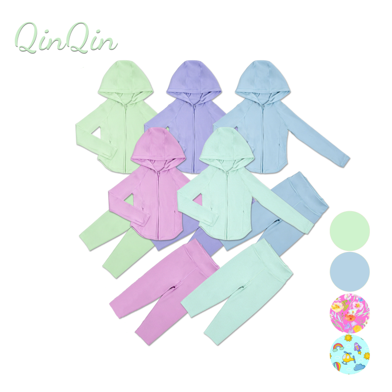 QinQin Girls Athletic Wear Breathable Nylon Spandex Children Two Pieces Set Summer Baby  Custom Logo Colours Yoga Activewear Set