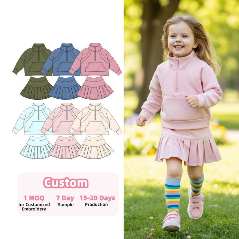 QinQin Girls Active Wear Kids Yoga Set New Design Spring Long Sleeve 1/2 Zip Pullover With Pockets Skirt Built in Shorts Sets