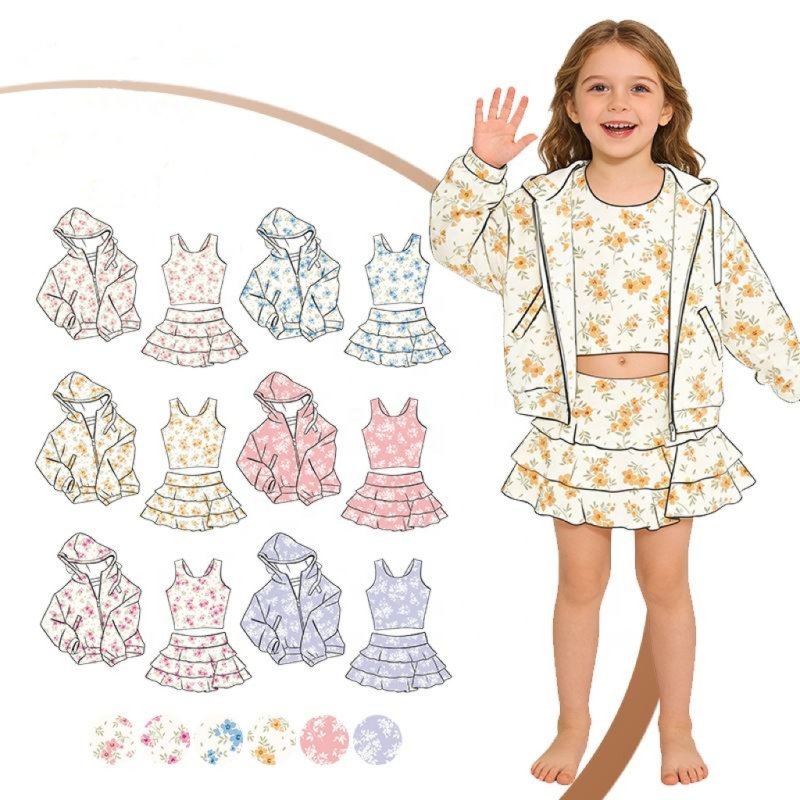 QinQin Girls Sports Preorder Custom Sports Kids Toddler Yoga Athletic 3pcs Hooded  Zip Tops with Skirt Baby Outfits Upf 50+ Sets