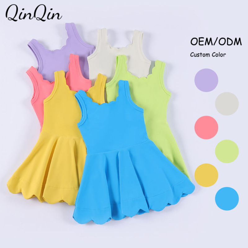 Quick Dry Toddler Girls Yoga Scallop Dress With Inner Shorts Girls One Piece Nylon Spandex Tennis Running Golf Active Wear