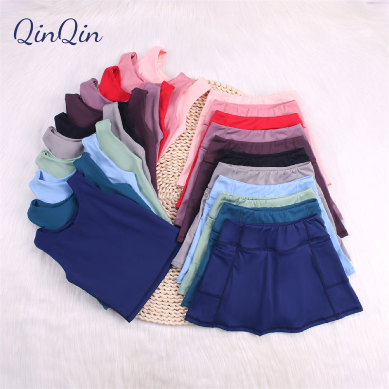 QinQin New Design Kids Gym Yoga Wear Children Two Pieces Sets Sports Wear Girl Workout Athletic Skirts Outfits