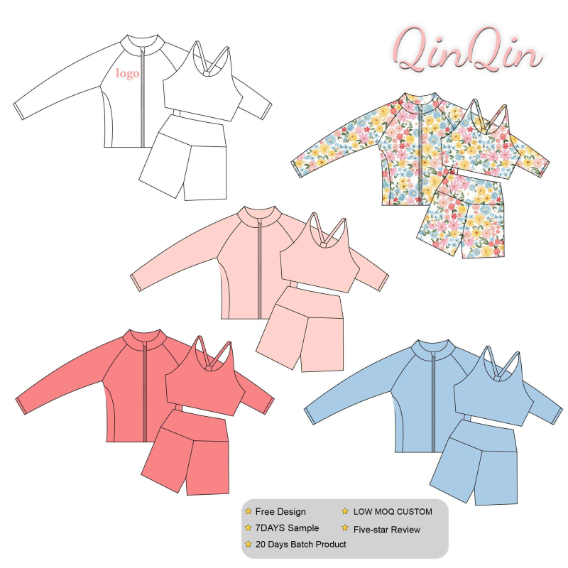 QinQin Custom Printed Girls Yoga Set Long Sleeve & Pants Kids Activewear Sportswear with Your Logo Design for Children Fitness
