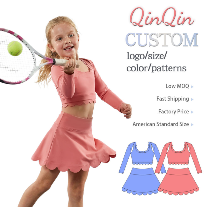 Girls Boutique Yoga Set Fitness & Yoga Wear Solid Color Long Sleeve Top Scallop Hem Built-In Shorts Custom Print