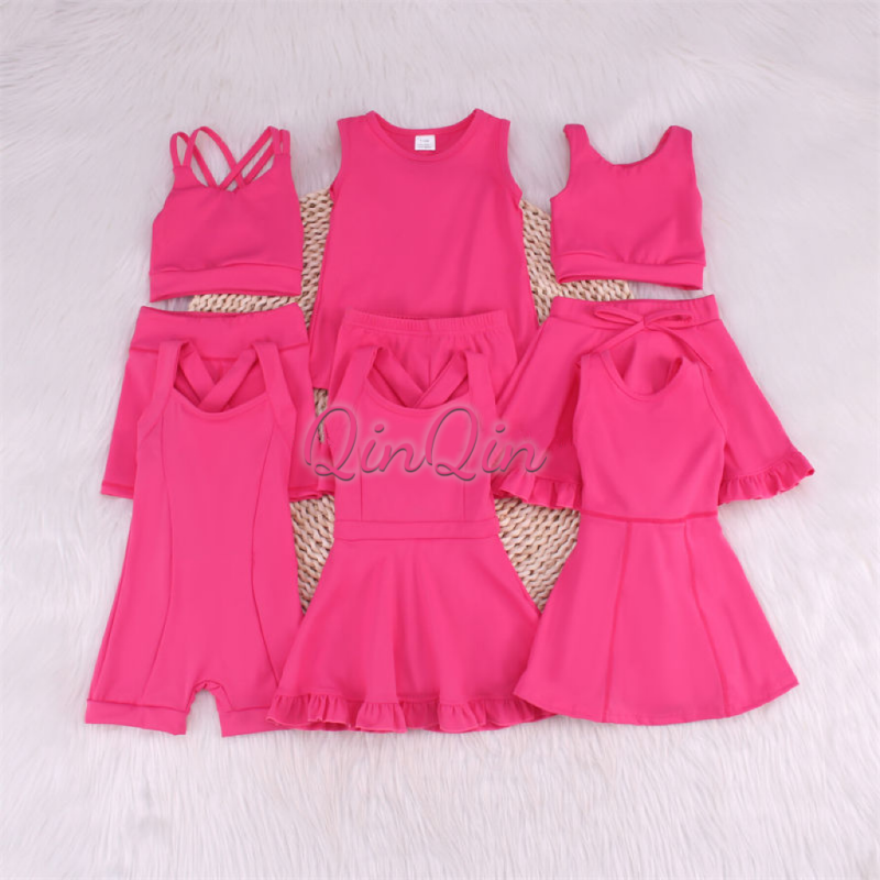 Hot Pink Girls Exercise Workout Activewear Sweet Plus Size Yoga Clothes Custom Logo Fitness Dress With Shorts