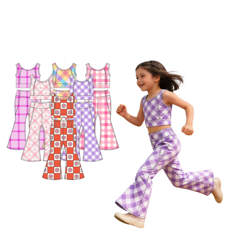 QinQin New Arrival Soft Breathable Active Wear Kids 77% Nylon 23% Spandex Girls Crop Top Flare Leggings Gym Sports Wear Set