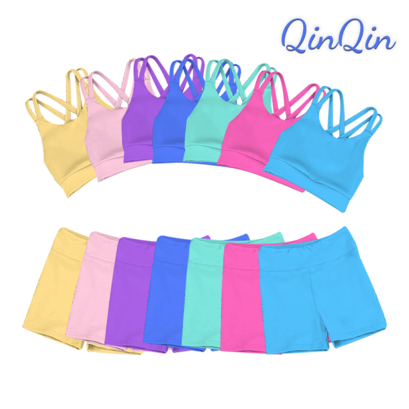 QinQin Customized logo Kids Athletic Wear Girls Yoga Clothes Kids Yoga Sets Girl Yoga Sportswear Girl Gym Outfits Kids Sport Wear Suit