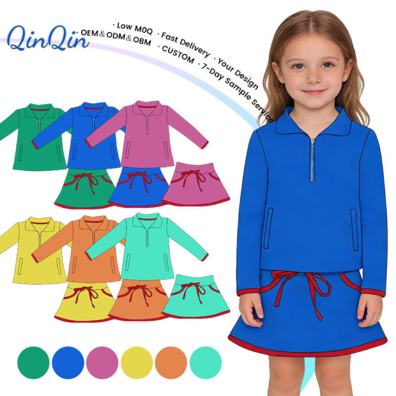 QinQin Girls Athletic Wear Custom Logo Children Nylon /Spandex Turndown Collar Loose Oversize Half Zip Pullover Yoga Sets