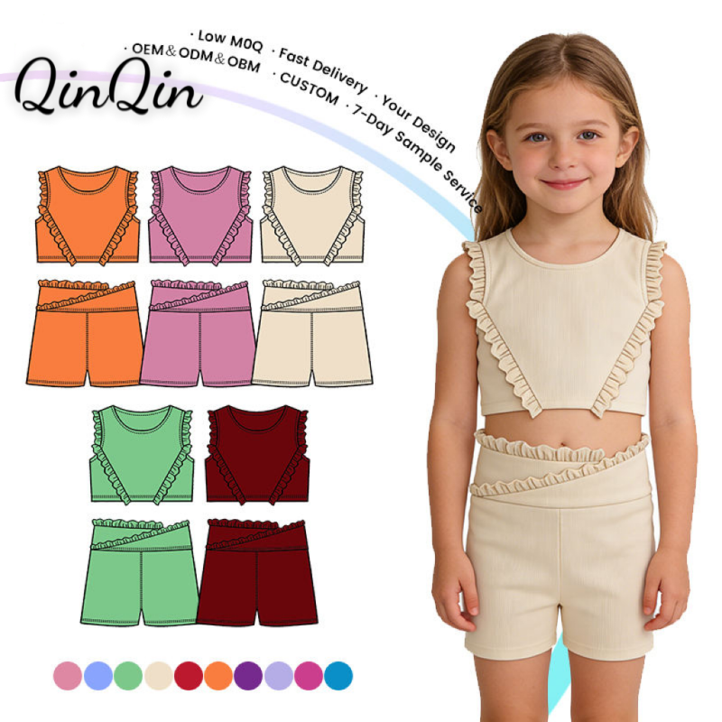 QinQin Girls Sports Summer Fashionable Sportswear Set for Girls Solid Color Casual Yoga & Sports Kid's Tennis Wear Suis