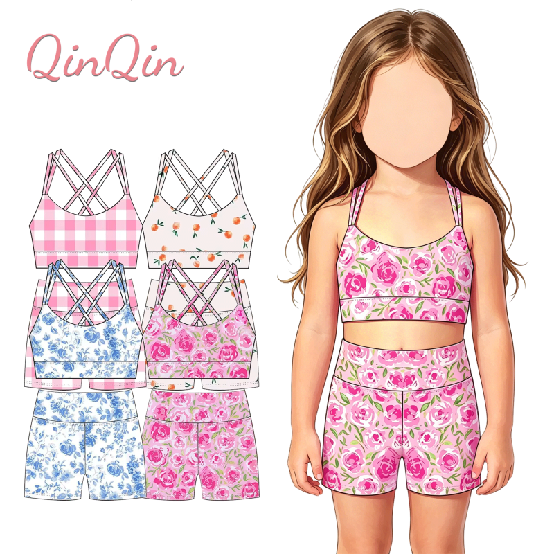QinQin Girls Sports Customized Kids Athletic Wear Girls Yoga Clothes Sets 2-Pieces Gym Outfits Kids Sport Yoga Wear Suit
