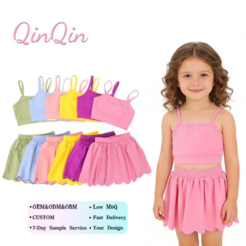 QinQin Girls Active Wear Kids Yoga Sleeveless Crop Tank Skirt Set Built in Shorts Elastic High Elastic Fitted Design Dancewear