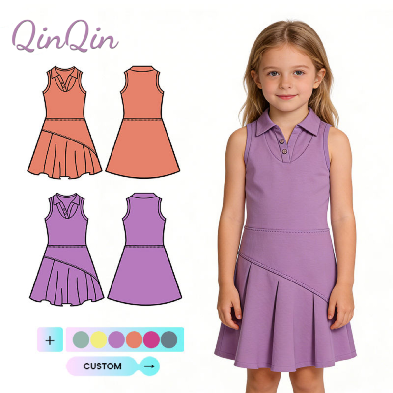 QinQin Girls Sports Yoga Sleeveless Collared Dress Sleeveless Tennis Dress Custom Colors Lapel Unique Design Knee High Yoga Dress