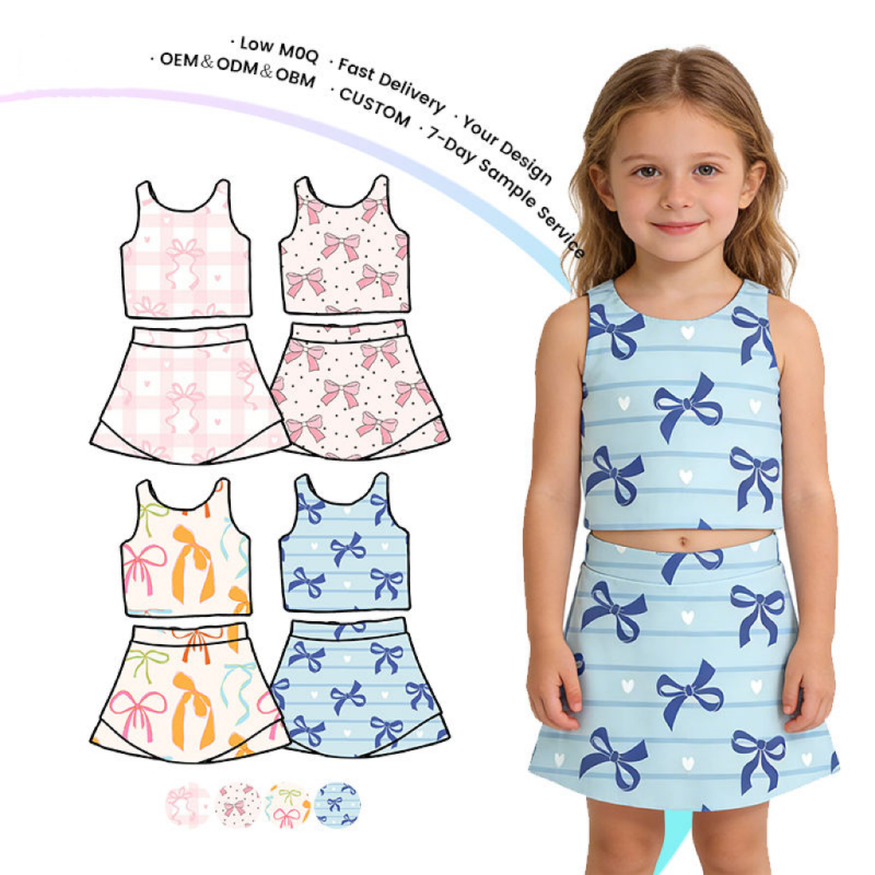 Bow Print Active Wear Kids Casual Sportswear Yoga Suit QinQin Customized Sports Kids Elastic Waist Anti-Bacterial Clothing Sets