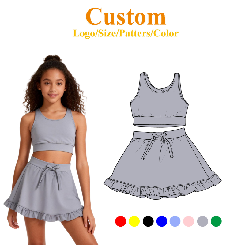 Best Sale Grey Kids Yoga Outfit New Style Factory Customization Sleeveless Crop Tank Skirt Set