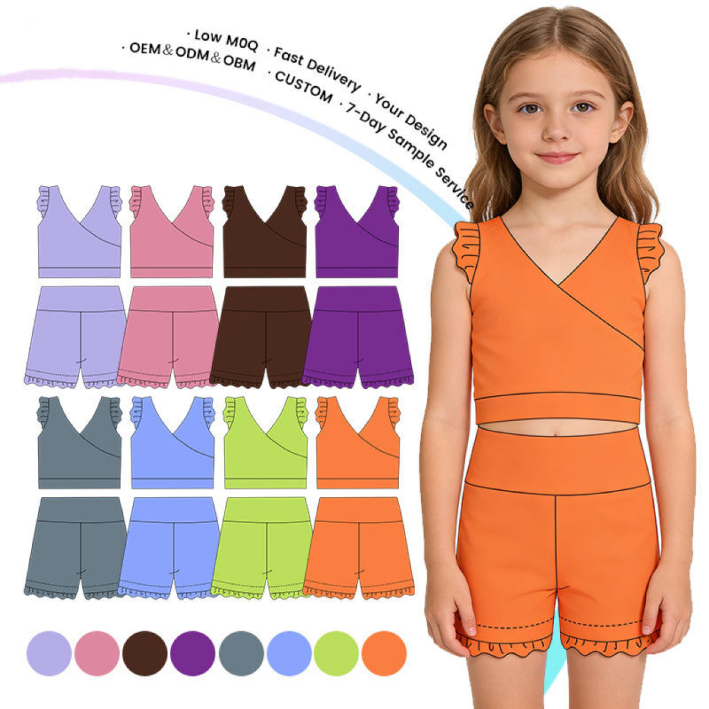 Active Wear Kids Girls Yoga Sets Scallop Style QinQin Customized Color Sleeveless Fungus Edge Vest Cycling Shorts Sports Suit