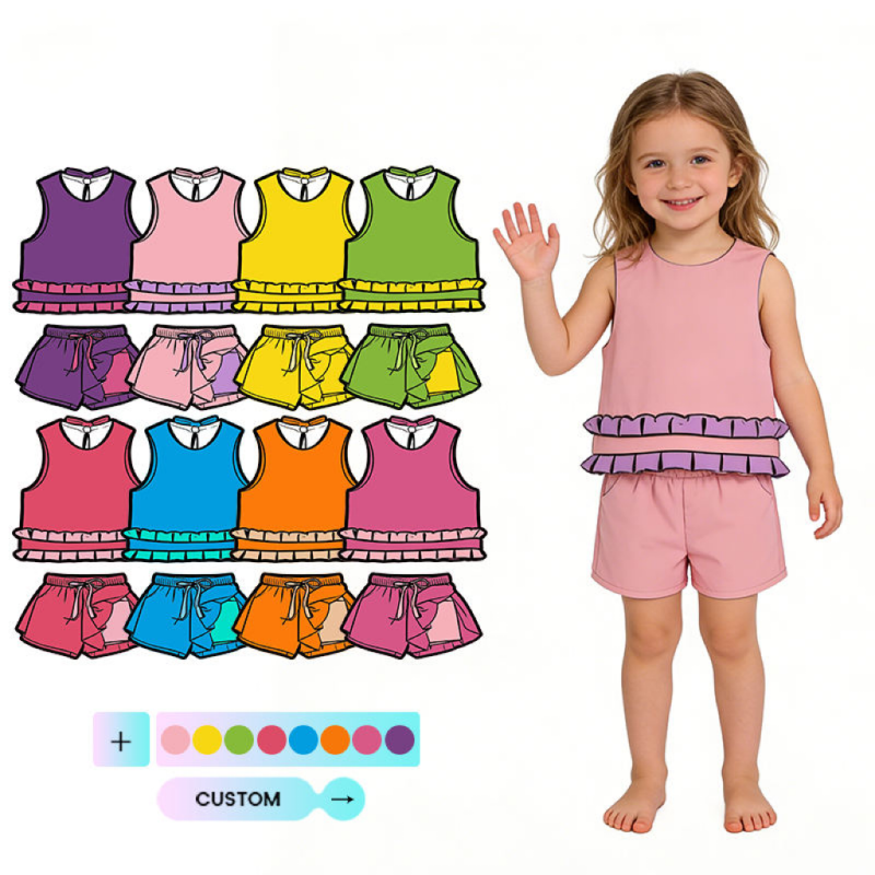 QinQin Customized Color Matching Girl Sleeveless Fungus Edge Vest Butterfly Shorts Sets Active Wear Kids Sports Outfits