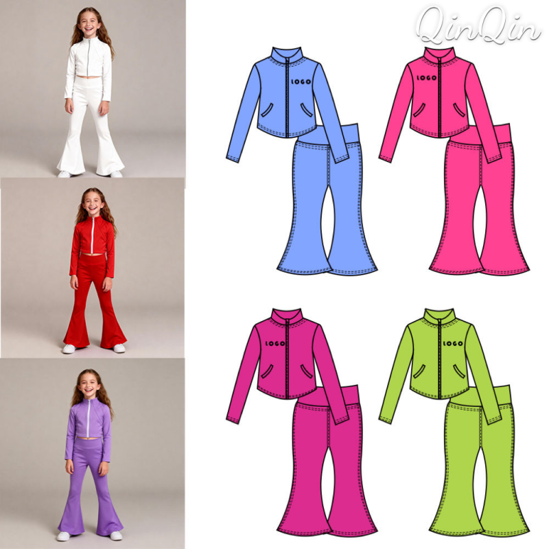 QinQin Girls Floral Print Yoga Set | Long Sleeve Top & Shorts 2PC Outfit Color Block Sportswear for Kids Dance Class
