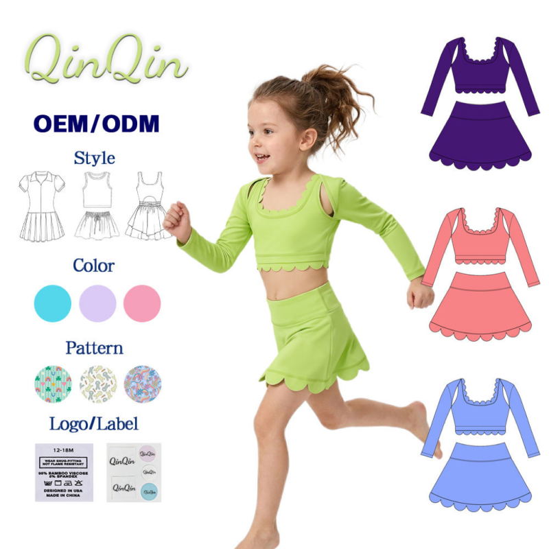 Girls Multi Occasion Yoga Set Wholesale Yoga Set Long Sleeve Top Scallop Skirt Built-In Shorts High Elasticity Custom Pattern