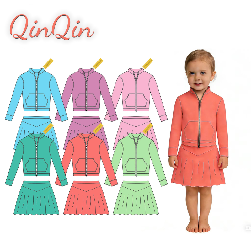QinQin Kids Workout Suit Girls Cropped Jacket & Pleated Skirt Shorts Set for Yoga Gym and Athletic Sports Wear